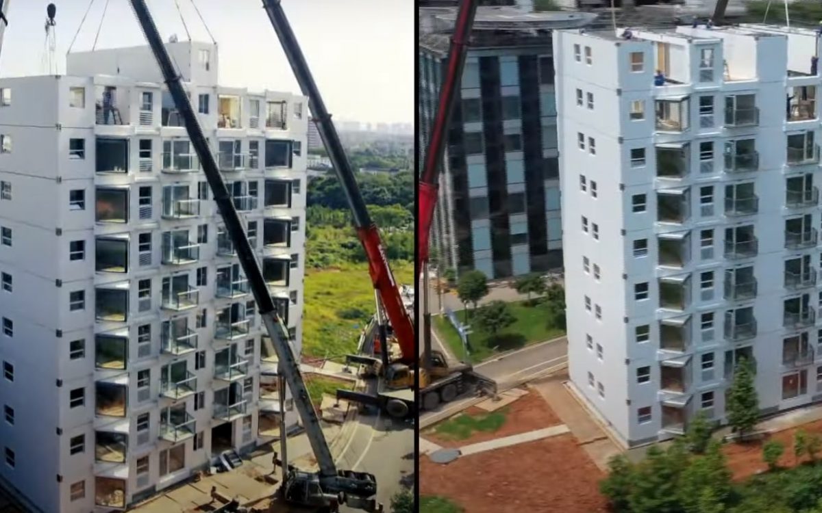 На видео показано, как можно построить 10-этажную высотку чуть больше чем за 1 день