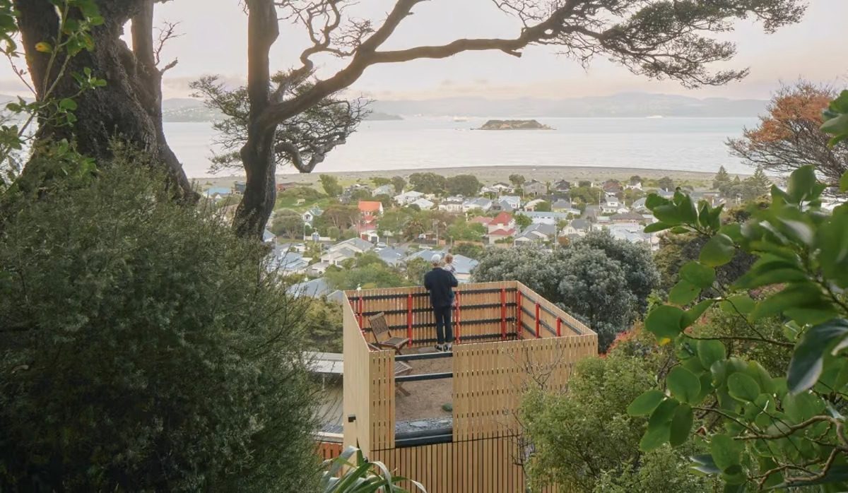 Деревянная мини-башня была доставлена на место по воздуху в Новой Зеландии